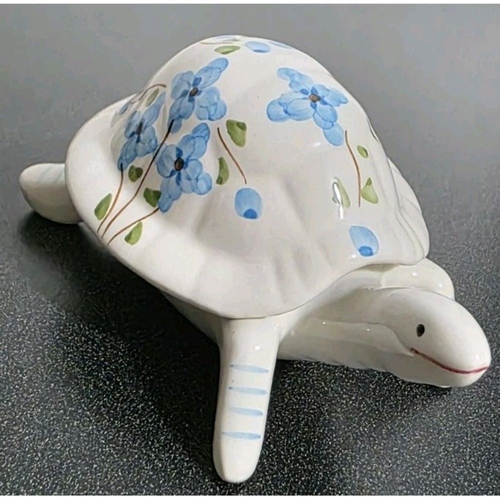 Ceramic Turtle W/ Shell Hiding Storage Trinket Box Portugal 6.25" Blue Flowers